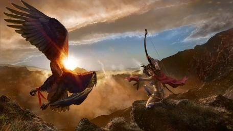 Epic Battle Between Eagle and Warrior Woman in Fantasy Realm wallpaper