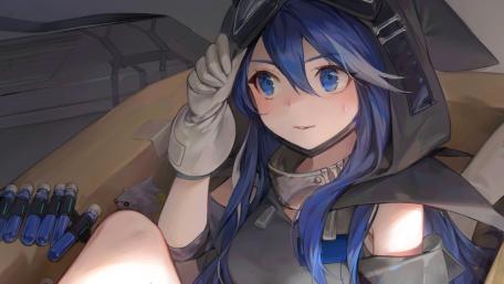 Blue-Haired Anime Warrior's Gaze wallpaper