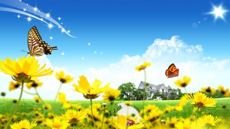 Dreamy Home Surrounded by Butterflies and Blooms wallpaper