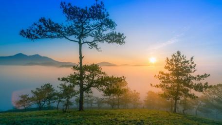 Serene Sunrise in the Misty Mountains wallpaper
