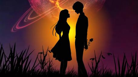 Silhouette of Love Under a Cosmic Sky wallpaper