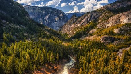 Majestic Mountain Valley with Lush Forests and a River Flowing wallpaper
