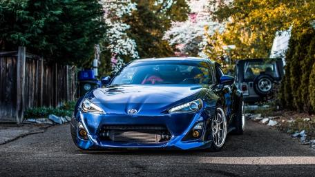 Sleek Blue Sports Car in Nature's Embrace wallpaper