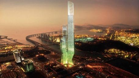 Modern Skyscraper Illuminated at Dusk wallpaper
