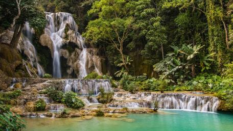 Serene Waterfall in Lush Greenery wallpaper