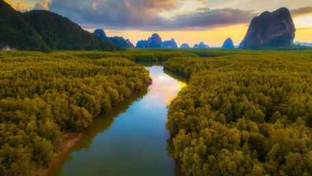 Serene River Amidst Lush Greenery and Mountains wallpaper