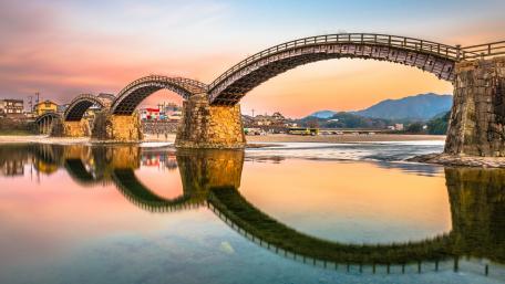 Serene Sunset Over Historic Bridge Waterscape wallpaper