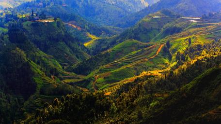 Serene Mountain Landscape with Terraced Fields wallpaper