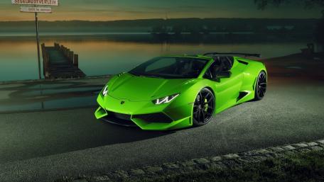 Vibrant Green Supercar by the Water wallpaper