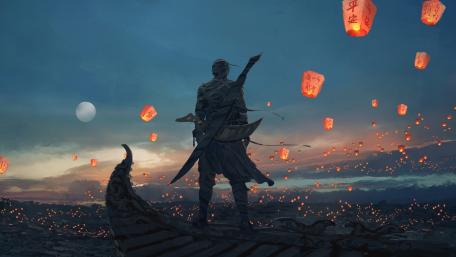 Samurai Watching Lanterns Ascend Into Twilight Sky wallpaper
