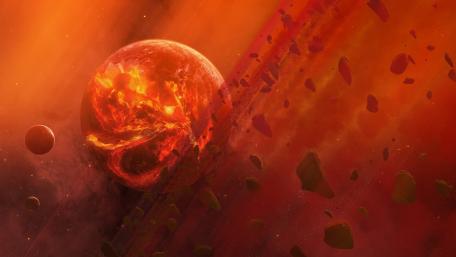 Fiery Planet Amidst Asteroids in Space Art wallpaper