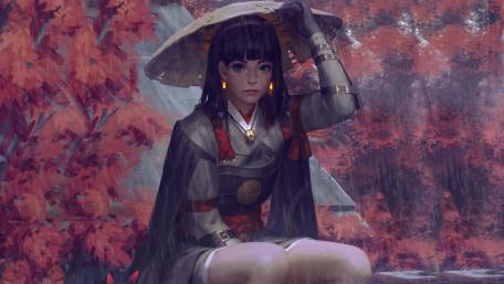 Warrior's Reflection in the Rainy Grove wallpaper