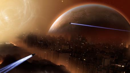 Futuristic Cityscape with Spaceships and Distant Planet wallpaper