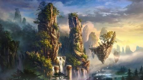 Enchanting Floating Islands Above Dreamlike Landscapes wallpaper