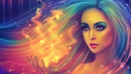 Enchanting Fantasy Girl with Colorful Hair and Magic Energy wallpaper