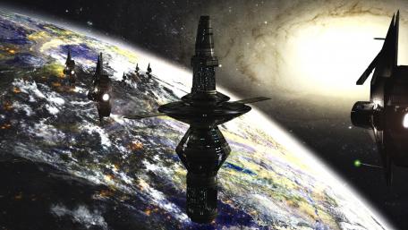 Futuristic Space Station Orbiting a Vibrant Planet wallpaper