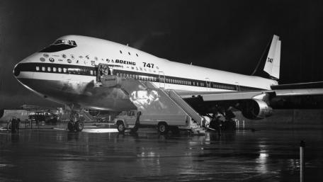 Boeing 747-8 in Classic Black and White Night Scene wallpaper