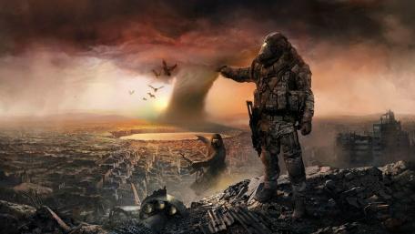 Lone Survivor Overlooking Post-Apocalyptic Dawn wallpaper