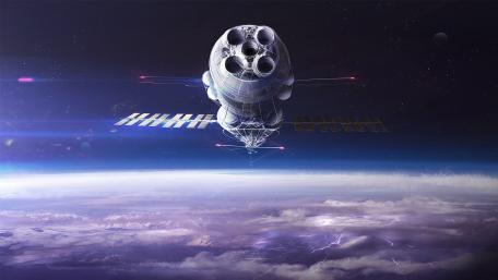 Futuristic Spacecraft Orbiting Earth wallpaper