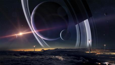 Ringed Planet Over Alien World wallpaper