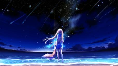 Anime girl looks the shooting stars wallpaper