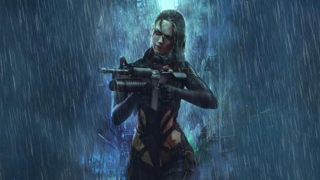 Cyberpunk Sniper in a Rain-Soaked Cityscape wallpaper