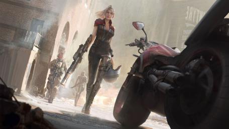 Futuristic Warrior Patrols Decayed Cityscape wallpaper