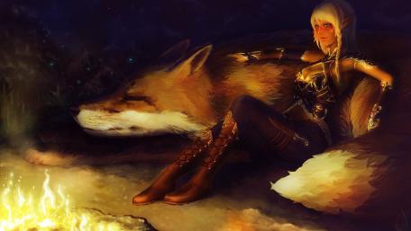 Enchanting Elf and Fox by the Bonfire wallpaper