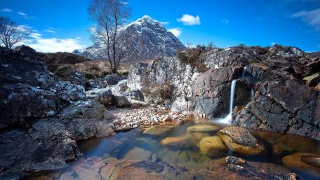 Buachaille Etive Mor and waterfall on River Coupall in Glen Etive near Glencoe wallpaper