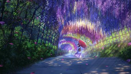 Enchanted Wisteria Walkway in Anime Wonderland wallpaper