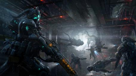 Futuristic Battle Charge in Dystopian Hangar wallpaper