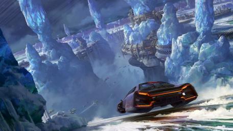 Futuristic Cityscape with Flying Car Adventure wallpaper