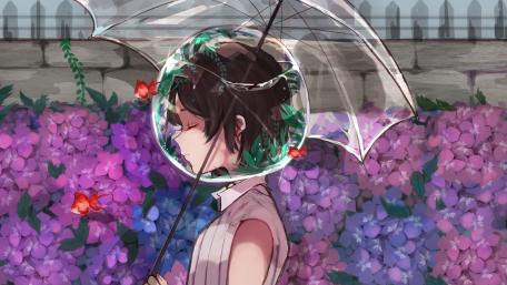 Dreamy Anime Girl with Transparent Umbrella Holding Nature's Beauty wallpaper