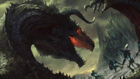 Ancient Dragon Confronts Daring Warriors wallpaper