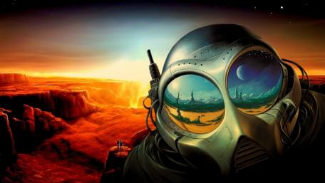Astronaut Gazing at Alien Horizon wallpaper
