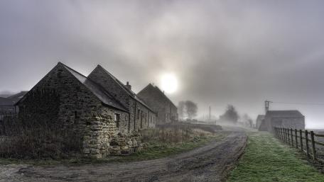 Misty Morning in a Rustic Village wallpaper