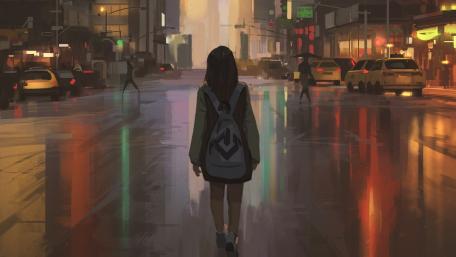 Anime Girl in Rainy Cityscape wallpaper