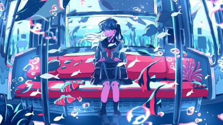 Aquarium Serenity with Anime Maiden wallpaper