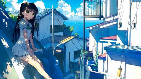 Anime Schoolgirl Overlooking Seaside Town wallpaper