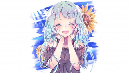 Radiant Smile Amidst Blue Blossoms wallpaper