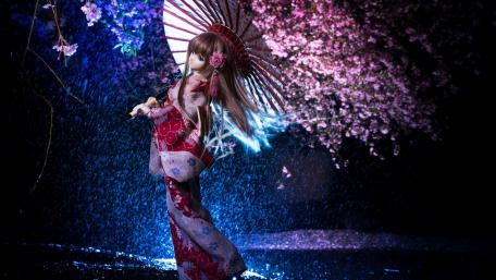 Elegant Anime Doll Under Cherry Blossoms wallpaper