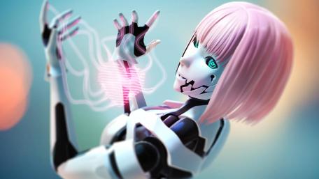 Futuristic Cyborg Beauty with Pink Hair and Neon Glow wallpaper