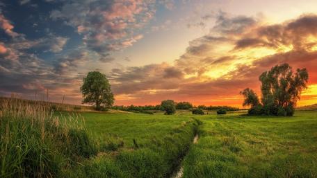 Serene Sunset Over Tranquil Fields and Waterways wallpaper