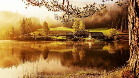 Autumn Serenity at the Lakeside Cottage wallpaper
