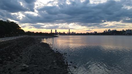 City Skyline at Dusk with Serene Waters wallpaper