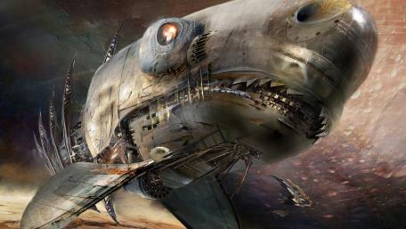 Mechanical Shark: A Fusion of Fantasy and Steampunk Art wallpaper