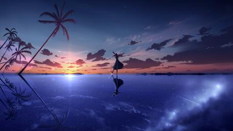 Serene Sunset Reflections in Anime Art wallpaper
