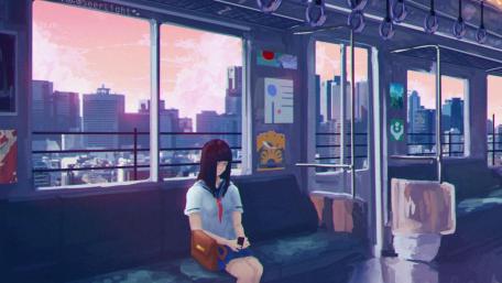 Serene Journey in a Cityscape Train wallpaper