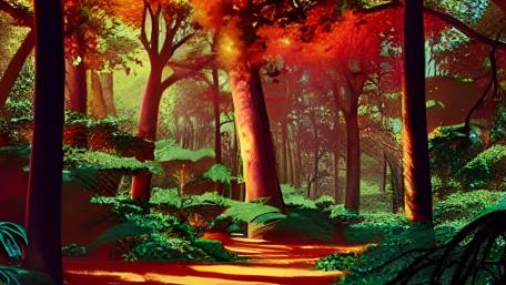 Enchanted Pathway Through a Vibrant Forest wallpaper