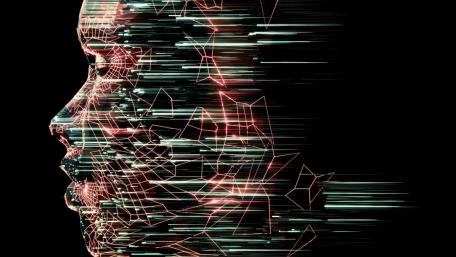 Abstract Digital Face Design with Energetic Lines wallpaper